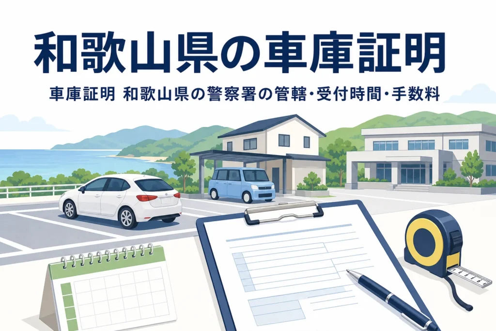 海と山、駐車場と書類を描いた「和歌山県の車庫証明」のアイキャッチ