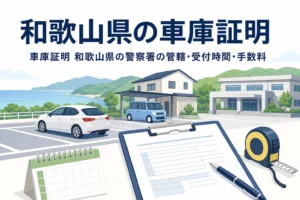 海と山、駐車場と書類を描いた「和歌山県の車庫証明」のアイキャッチ
