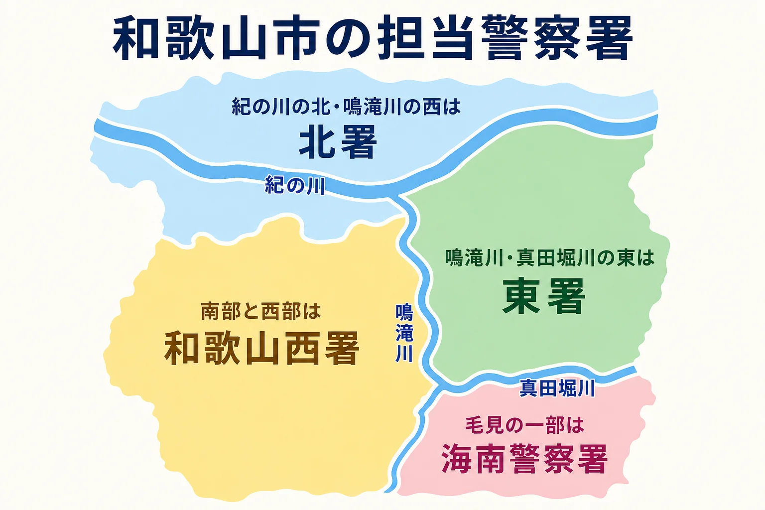 和歌山市で車庫証明の担当警察署が川を目印に分かれる様子をまとめた図解