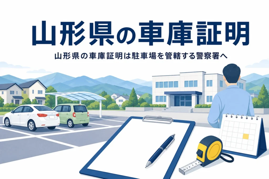 山並みが見える駐車場と書類のイラストに、山形県の車庫証明の記事タイトルを重ねたアイキャッチ