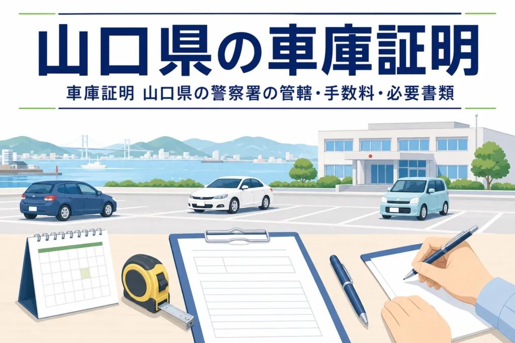 港町の駐車場と書類を描いた「山口県の車庫証明」のアイキャッチ