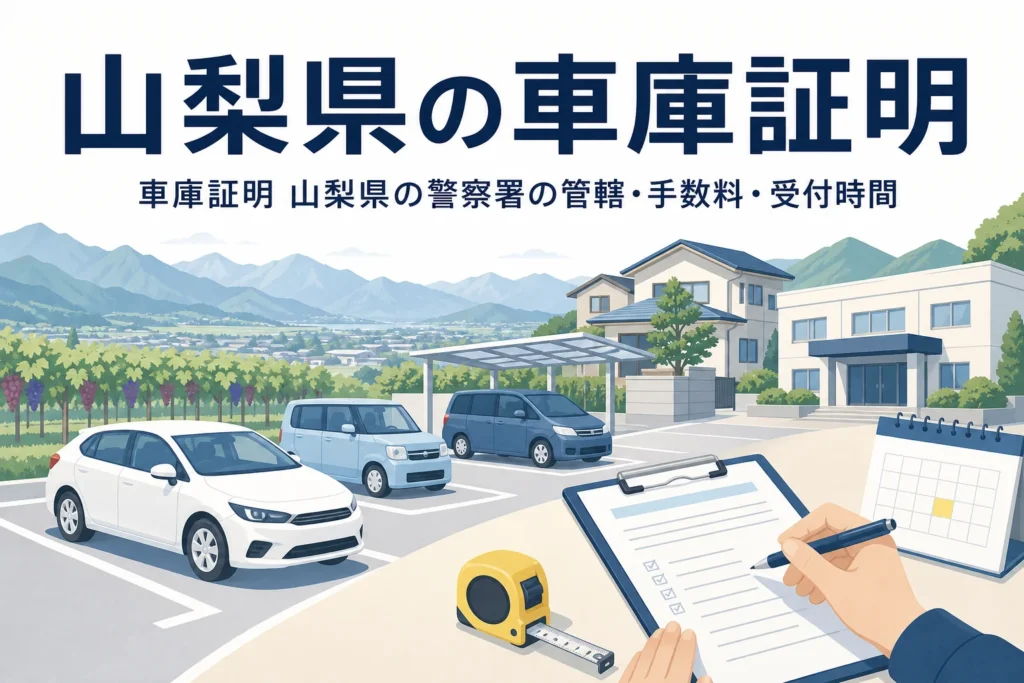 駐車場と書類を描いた「山梨県の車庫証明」のアイキャッチ