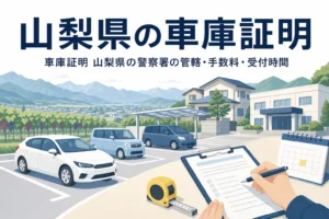 駐車場と書類を描いた「山梨県の車庫証明」のアイキャッチ