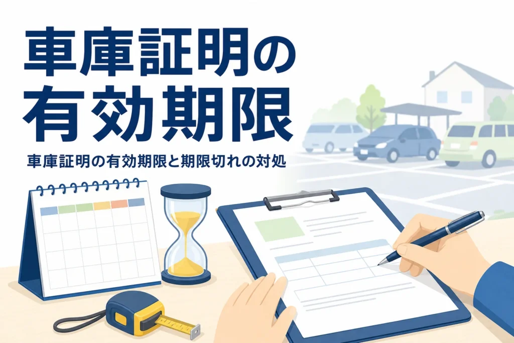 カレンダーと書類が置かれた机と駐車場の乗用車のシルエットに、車庫証明の有効期限を紹介する記事タイトル
