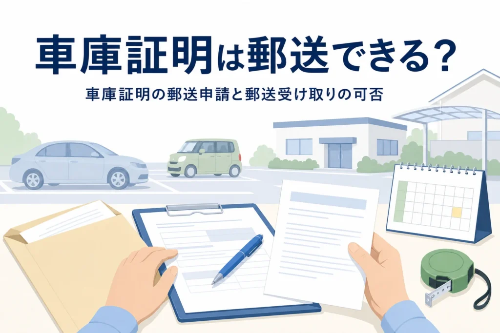 封筒と書類に「車庫証明は郵送できる？」の文字