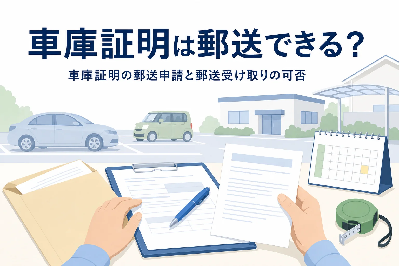 封筒と書類に「車庫証明は郵送できる?」の文字